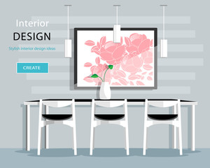 Modern dining room interior design with table, chairs, vase, picture, lamps. Flat style vector illustration