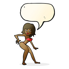 cartoon woman in bikini with speech bubble