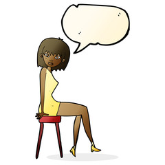 cartoon woman sitting on stool with speech bubble