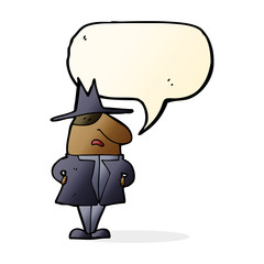 cartoon man in coat and hat with speech bubble
