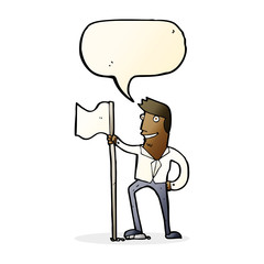 cartoon man planting flag with speech bubble