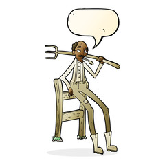 cartoon old farmer leaning on fence with speech bubble