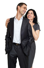 Couple embrace, studio portrait on white. Dressed in black suit.