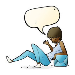 cartoon woman leaning on package box with speech bubble