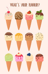 Ice cream cone collection, vector illustration. Chocolate, pistachio, strawberry, caramel and other flavors of ice cream.