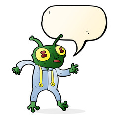 cartoon alien spaceman with speech bubble