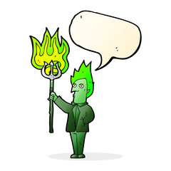 cartoon devil with pitchfork with speech bubble