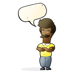 cartoon mustache muscle man with speech bubble