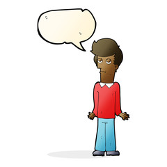 cartoon bored man shrugging shoulders with speech bubble