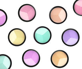 set of 5 eyeshadows and brushes isolated on white background