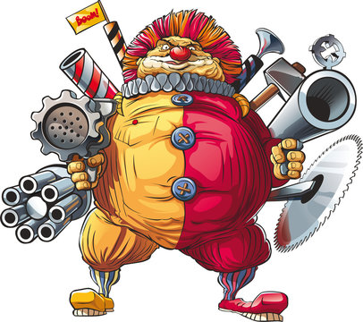 Mad fat clown killer with many guns in hands. He splendid operate with meat grinder and circular saw.