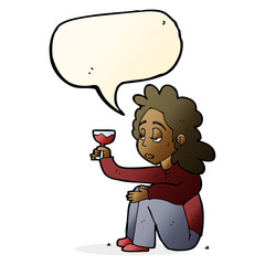 cartoon unhappy woman with glass of wine with speech bubble