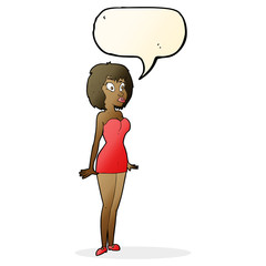 cartoon surprised woman in short dress with speech bubble