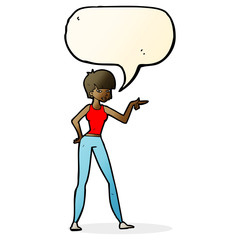 cartoon woman pointing with speech bubble