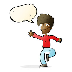 cartoon happy man dancing with speech bubble