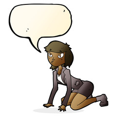 cartoon woman on hands and knees with speech bubble