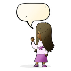 cartoon girl with pony shirt waving with speech bubble