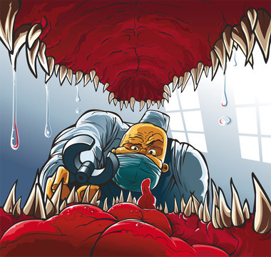 Dentist Dangerous Client

The Frightened physician-stomatologist with its instrument in hand peers into  mouth of the enormous reptile