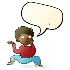 cartoon boy doing crazy dance with speech bubble