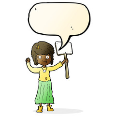 cartoon hippie girl with protest sign with speech bubble
