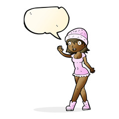 cartoon pretty girl in hat waving with speech bubble