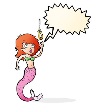 cartoon mermaid and fish hook with speech bubble