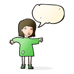 cartoon woman in patched clothing with speech bubble