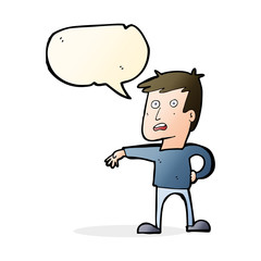 cartoon man making camp gesture with speech bubble