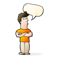 cartoon man with folded arms with speech bubble