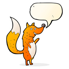 cartoon waving fox with speech bubble