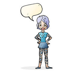 cartoon woman with heavy tattoos with speech bubble