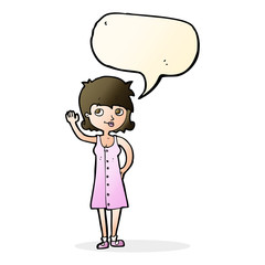 cartoon pretty woman waving with speech bubble