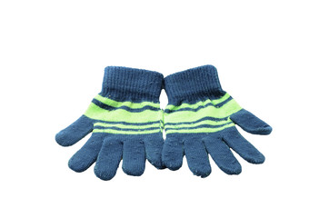 Used knitted woolen children`s glove, isolated on white background