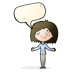 cartoon woman shrugging shoulders with speech bubble