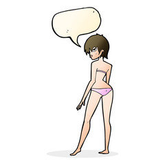 cartoon woman in bikini with speech bubble