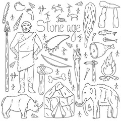 Stone age items. Set of isolated objects on white background. Hand drawn style. Vector illustration.