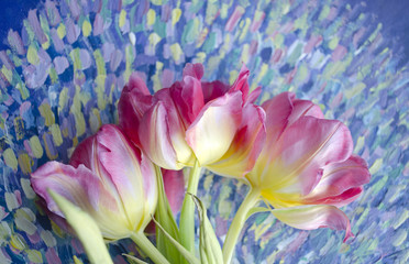 Beautiful composition with red tulips on patterned background