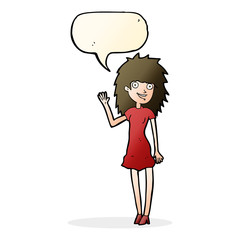 cartoon happy woman waving with speech bubble