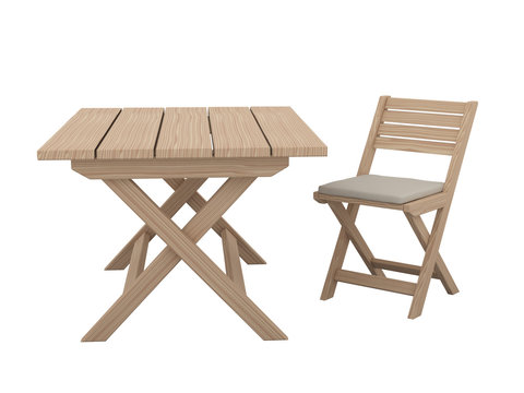 Wooden folding table and chair.