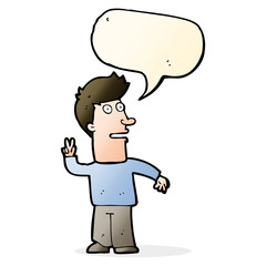 cartoon man making peace sign with speech bubble