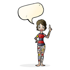 cartoon woman covered in tattoos with speech bubble
