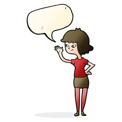 cartoon friendly girl waving with speech bubble