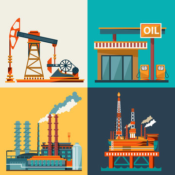 Pump jack in the Background of Fir Trees and Working Oil Pumps and Drilling Rig, Oil Pump, Petroleum Industry. Flat design. 