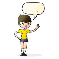 cartoon woman waving with speech bubble