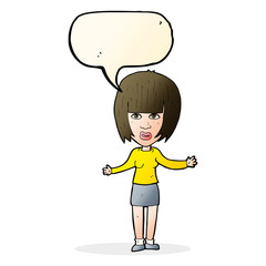 cartoon woman shrugging shoulders with speech bubble