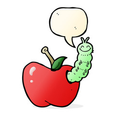 cartoon bug eating apple with speech bubble