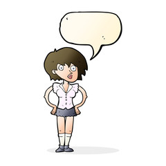 cartoon surprised woman with hands on hips with speech bubble