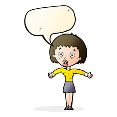cartoon woman shrugging shoulders with speech bubble