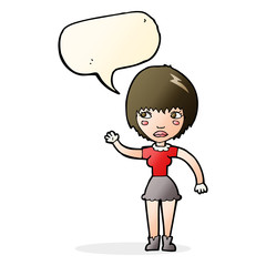 cartoon waving woman with speech bubble