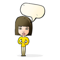 cartoon woman indicating self with speech bubble